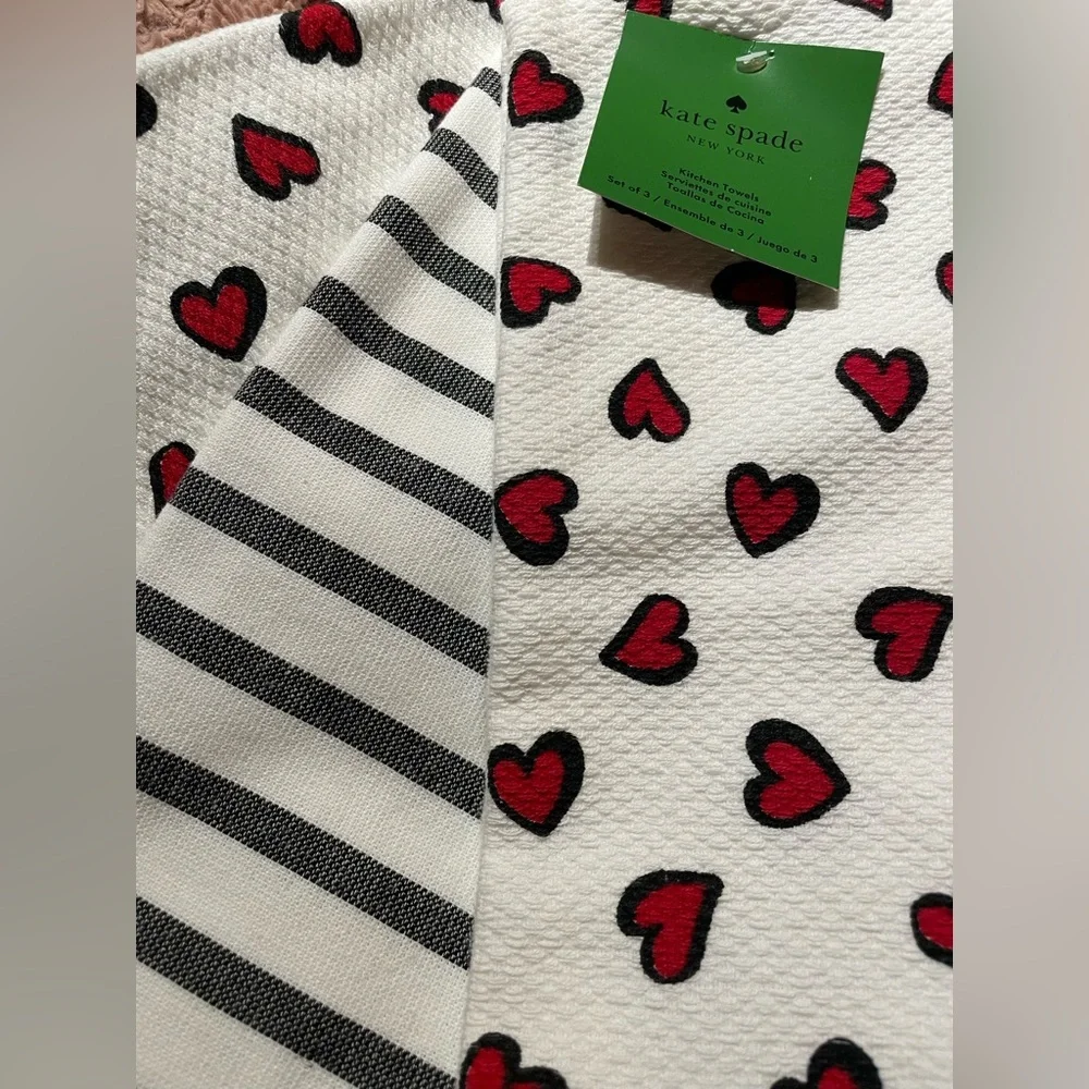 NWT Kate Spade New York Kitchen Towels White Red Hearts Set of 3